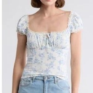 Lush Lace Trim Cap Sleeve Top – Cream Blue Floral | NWT | Cottagecore / Coquette